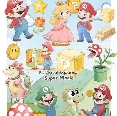 Kit Digital Super Mario Aquarela em Png
