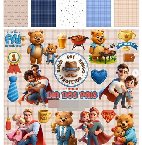 Kit Digital Dia dos Pais 3d em Png 