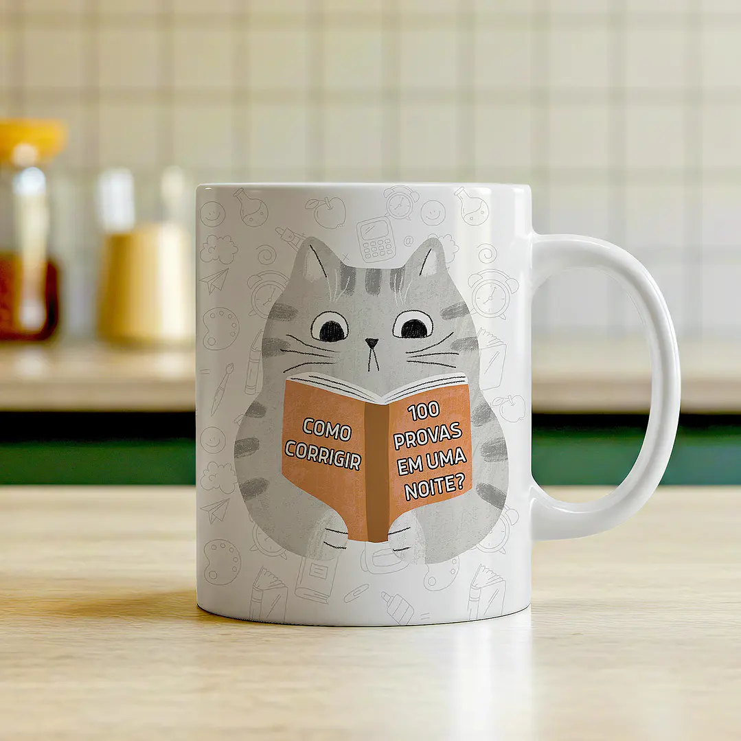 Arte Caneca Gatinho Como corrigir 100 provas em uma noite Arquivo em Png  2