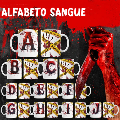 26 Artes para Caneca Alfabeto Sangue Arquivo Editável 