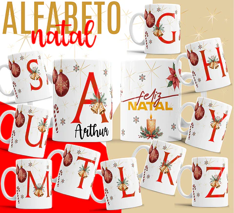 26 Artes para Caneca Alfabeto Natal Feliz Arquivo Editável 