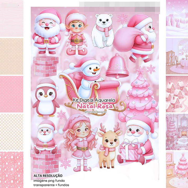 Kit Digital Natal Rosa em Png 1
