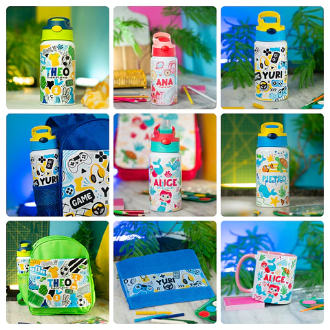 64 Artes para Caneca, Toalhinha e  Garrafinha Volta às Aulas Arquivo em Png