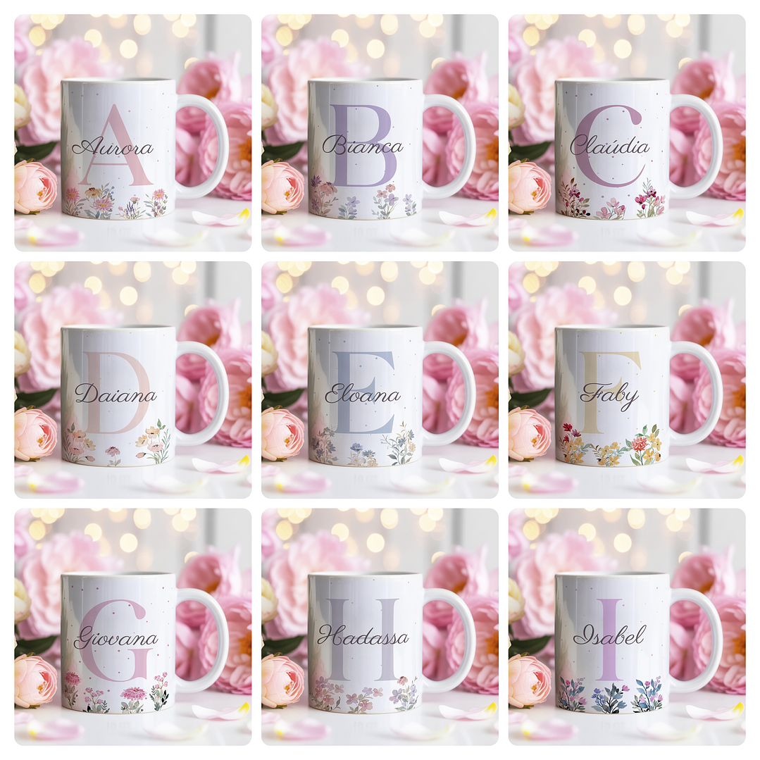26 Artes para Caneca Alfabeto Feminino Flores Arquivo Editável  1