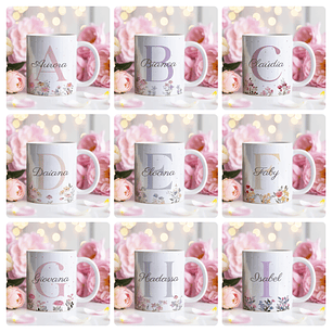 26 Artes para Caneca Alfabeto Feminino Flores Arquivo Editável 