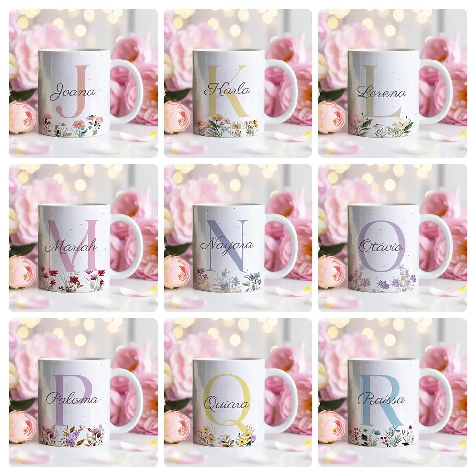 26 Artes para Caneca Alfabeto Feminino Flores Arquivo Editável  2