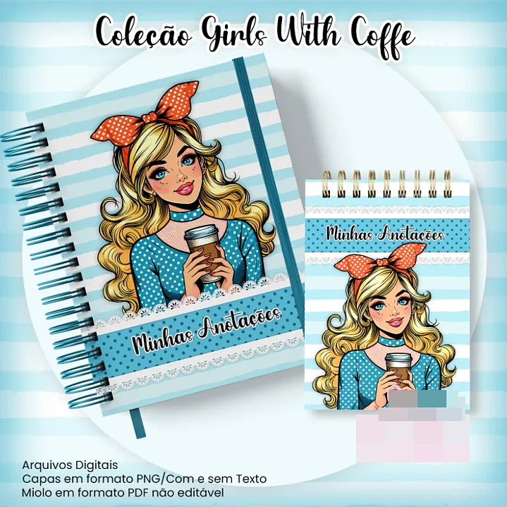 10 Artes para Caderno Pautado A5 Bloquinho A6  Coleção Retro Girls With Coffe Arquivo Pdf 4