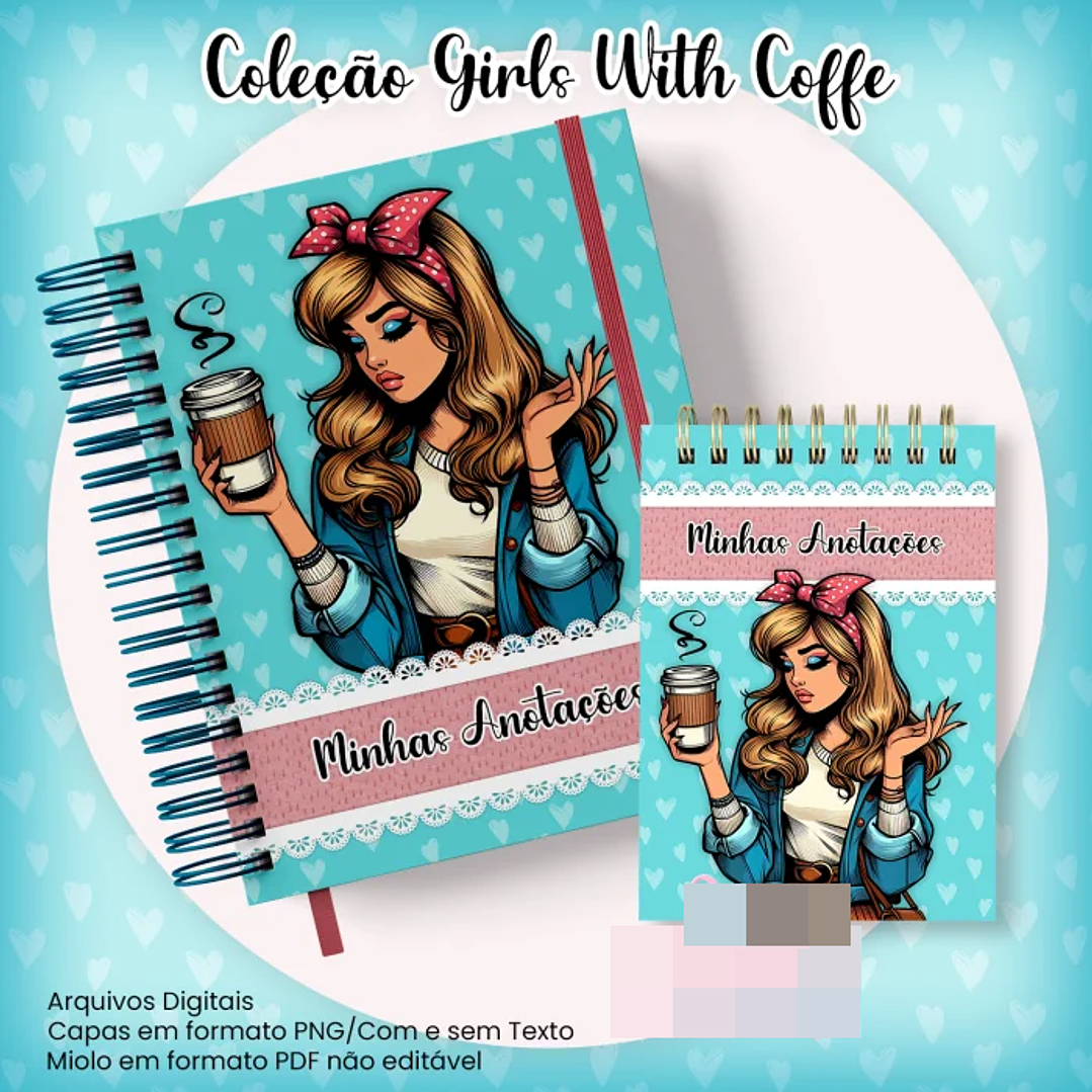 10 Artes para Caderno Pautado A5 Bloquinho A6  Coleção Retro Girls With Coffe Arquivo Pdf 6