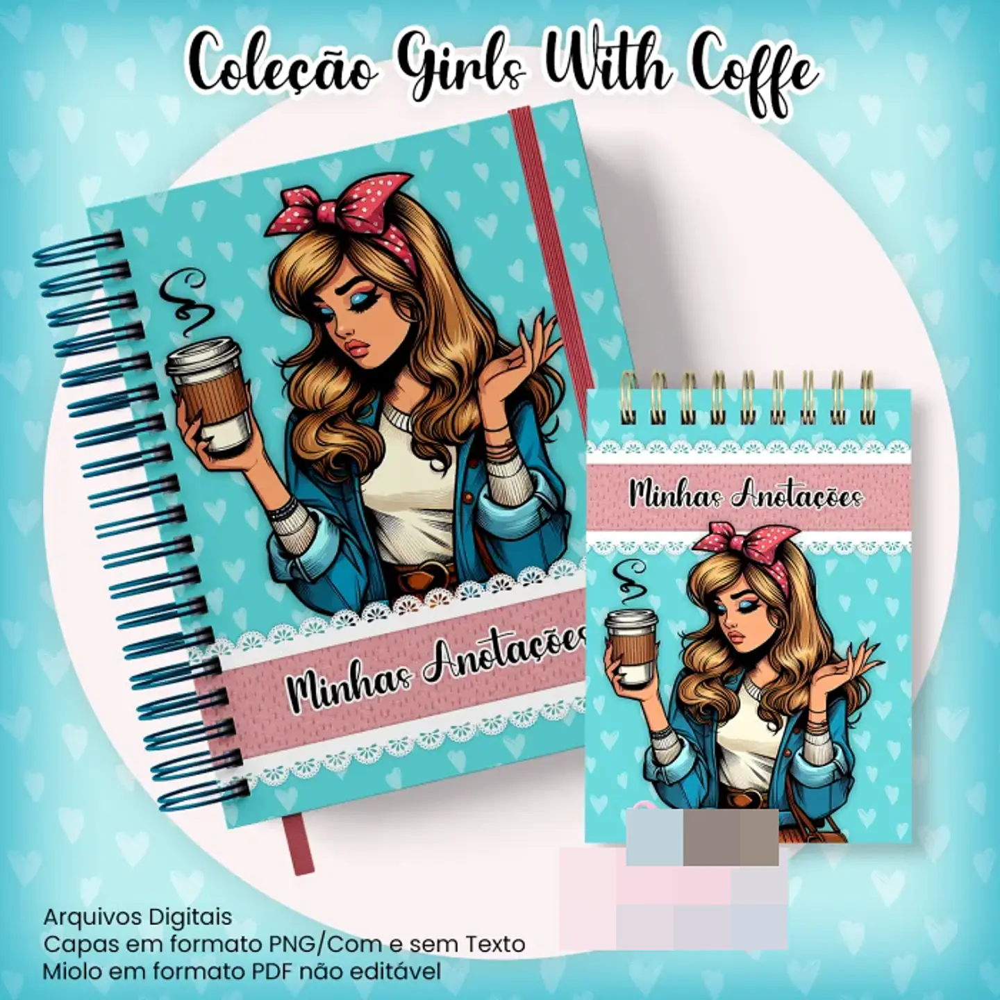 10 Artes para Caderno Pautado A5 Bloquinho A6  Coleção Retro Girls With Coffe Arquivo Pdf 6
