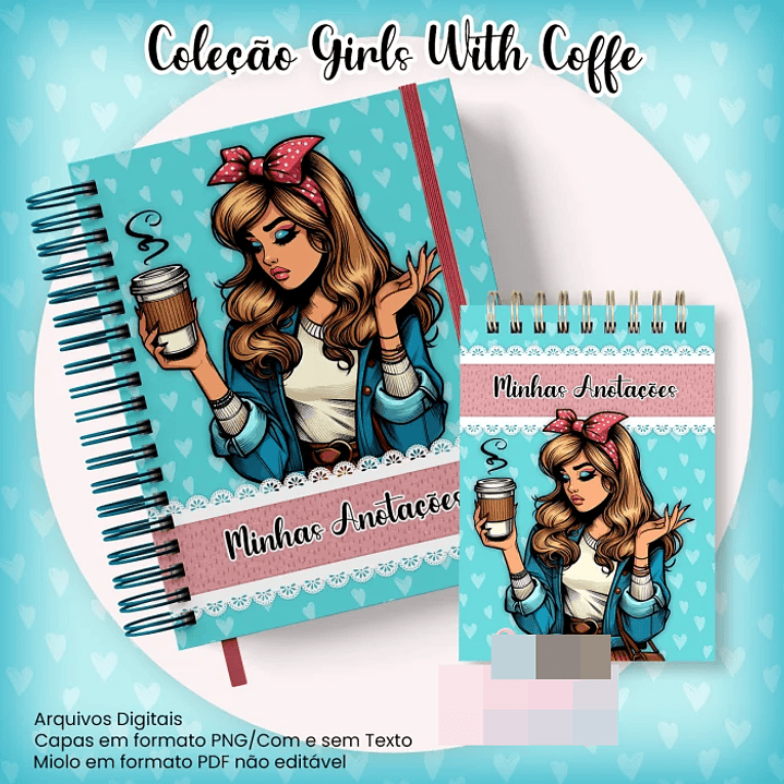 10 Artes para Caderno Pautado A5 Bloquinho A6  Coleção Retro Girls With Coffe Arquivo Pdf 6