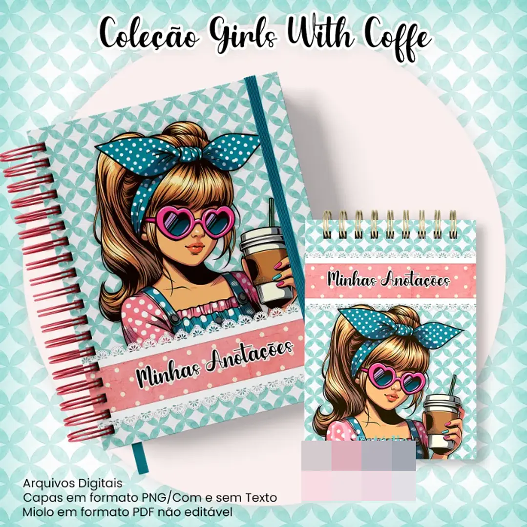 10 Artes para Caderno Pautado A5 Bloquinho A6  Coleção Retro Girls With Coffe Arquivo Pdf 7