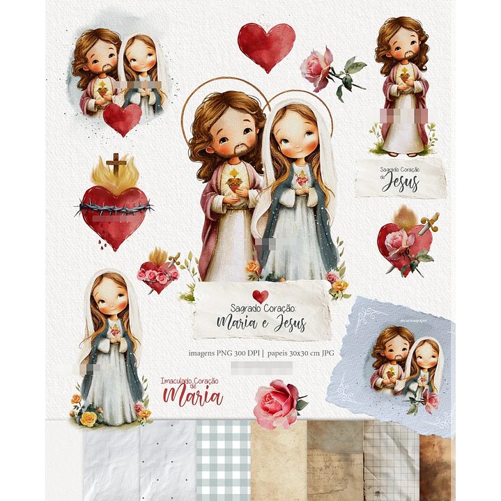 Kit Digital Sagrado Coração de Maria e Jesus Arquivos em Png 1