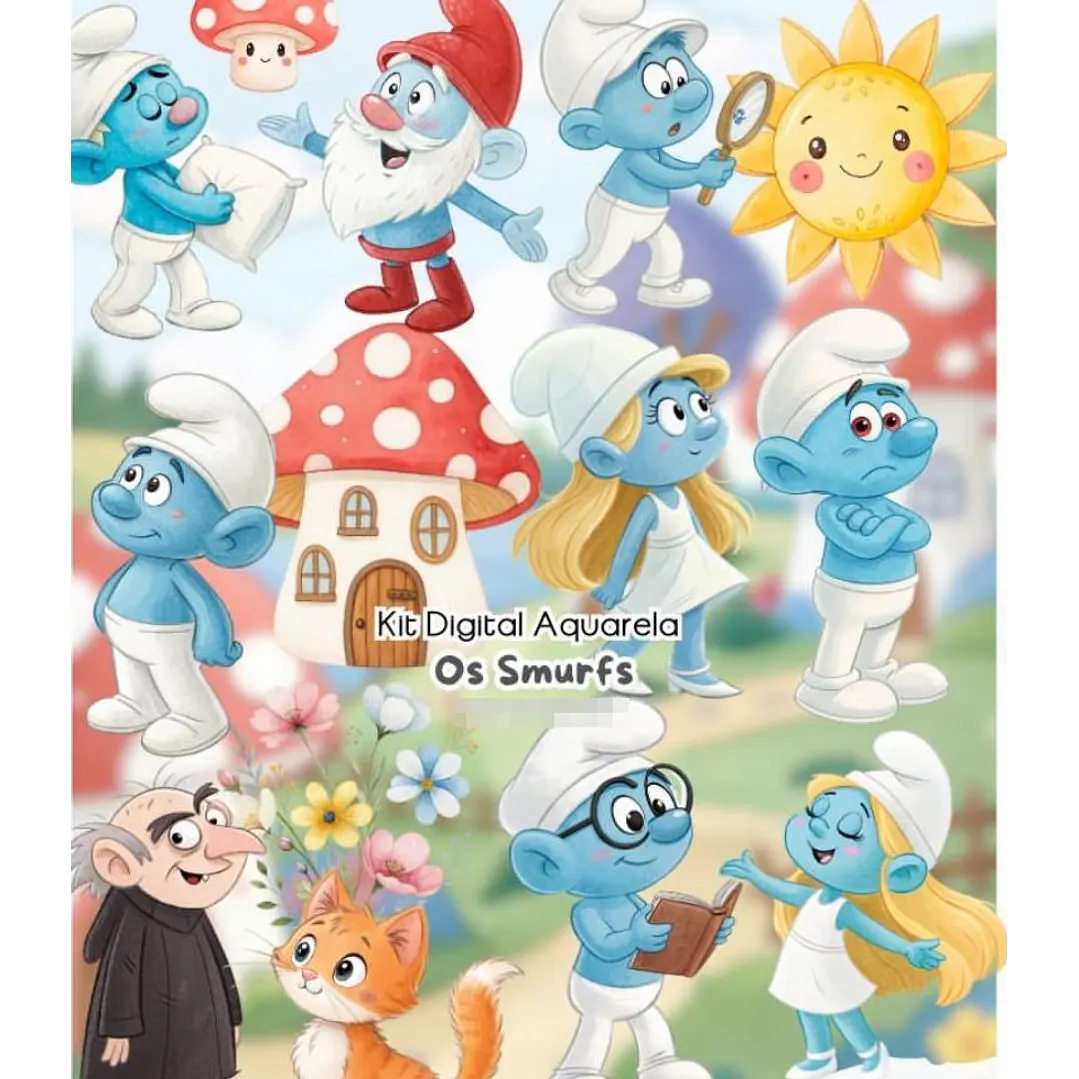 Kit Digital Os Smurfs Aquarela Arquivos em Png  1