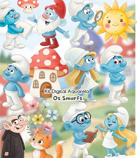 Kit Digital Os Smurfs Aquarela Arquivos em Png 