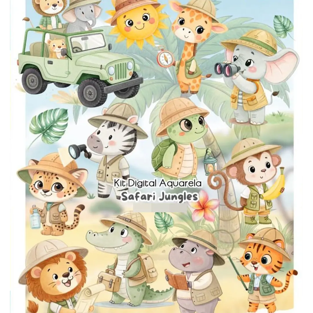 Kit Digital Safari Jungles Aquarela Arquivos em Png 1