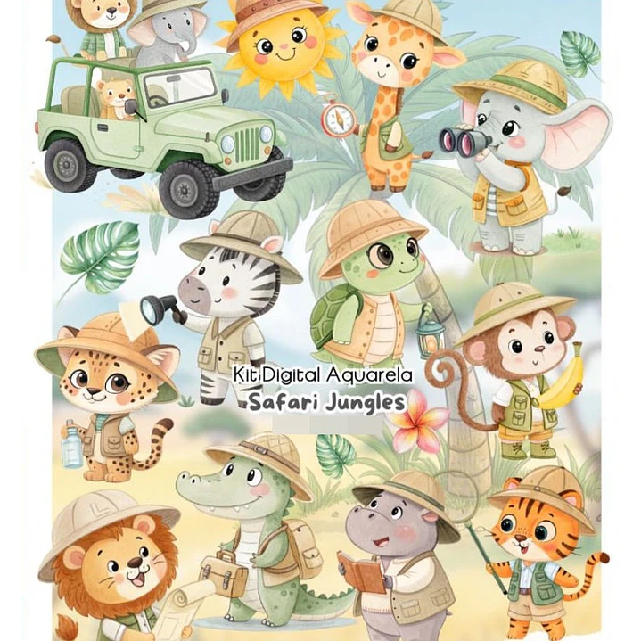 Kit Digital Safari Jungles Aquarela Arquivos em Png 1