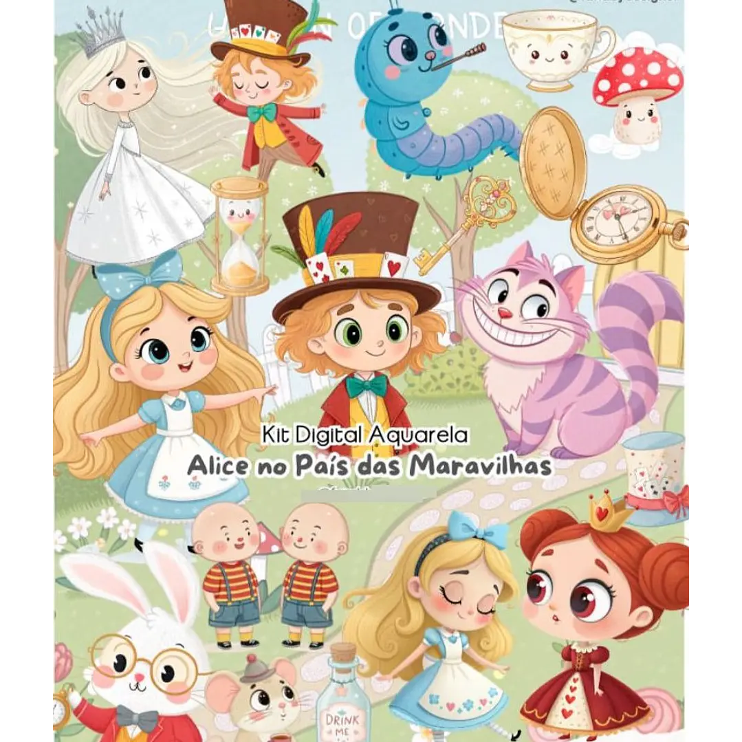 Kit Digital Alice No Páis Das Maravilhas Aquarela Arquivos em Png 1