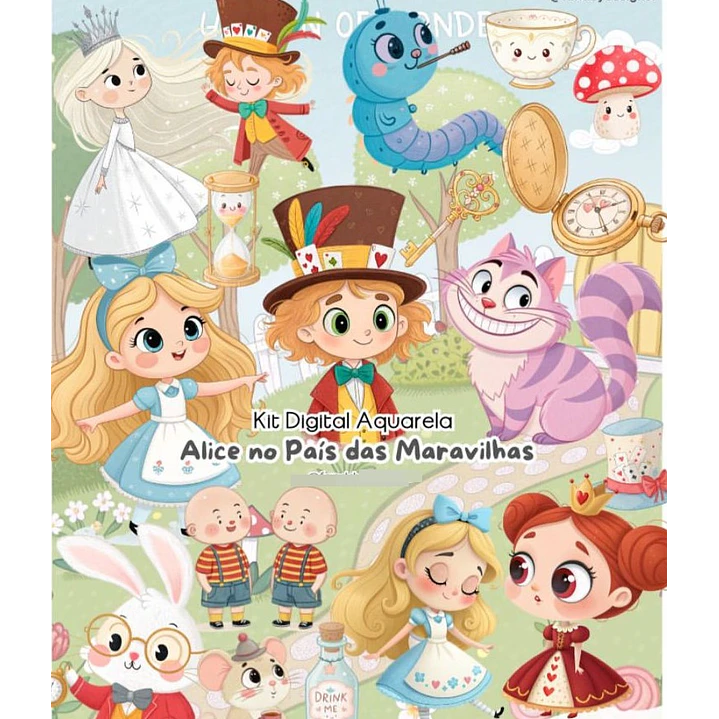 Kit Digital Alice No Páis Das Maravilhas Aquarela Arquivos em Png 1