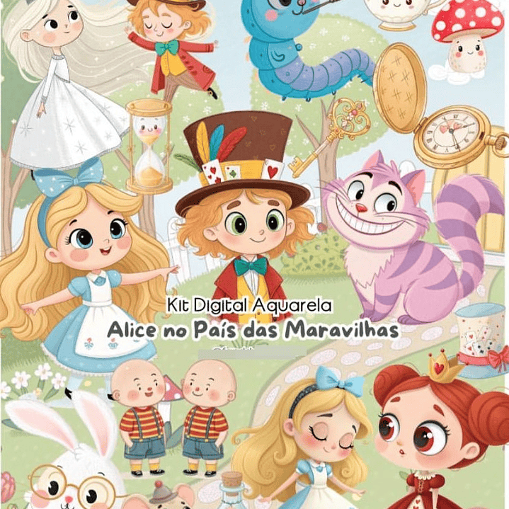 Kit Digital Alice No Páis Das Maravilhas Aquarela Arquivos em Png 1