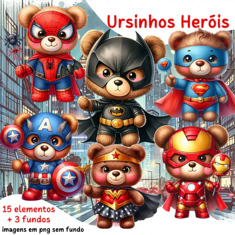 Kit Digital  Ursinhos Heróis Arquivos em Png