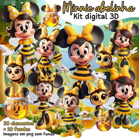 Kit Digital Minnie Abelinha 3D Arquivos em Png