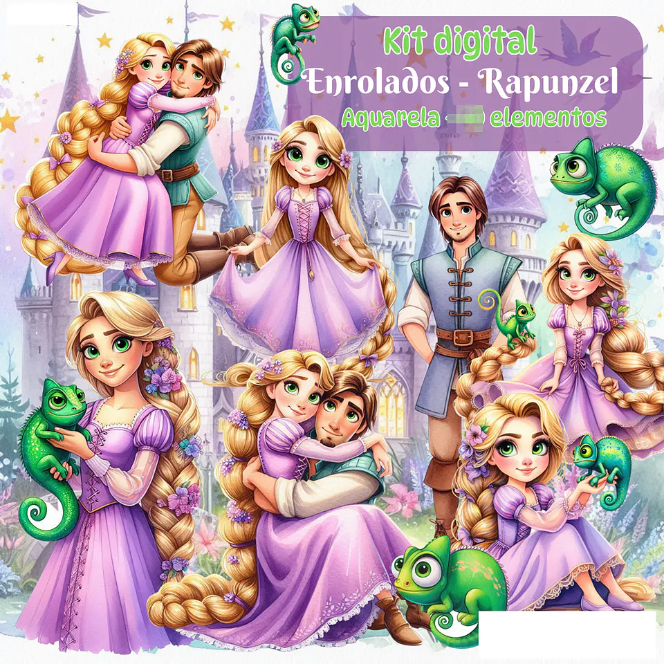 Kit Digital Enrolados Rapunzel Aquarela Arquivos em Png  1