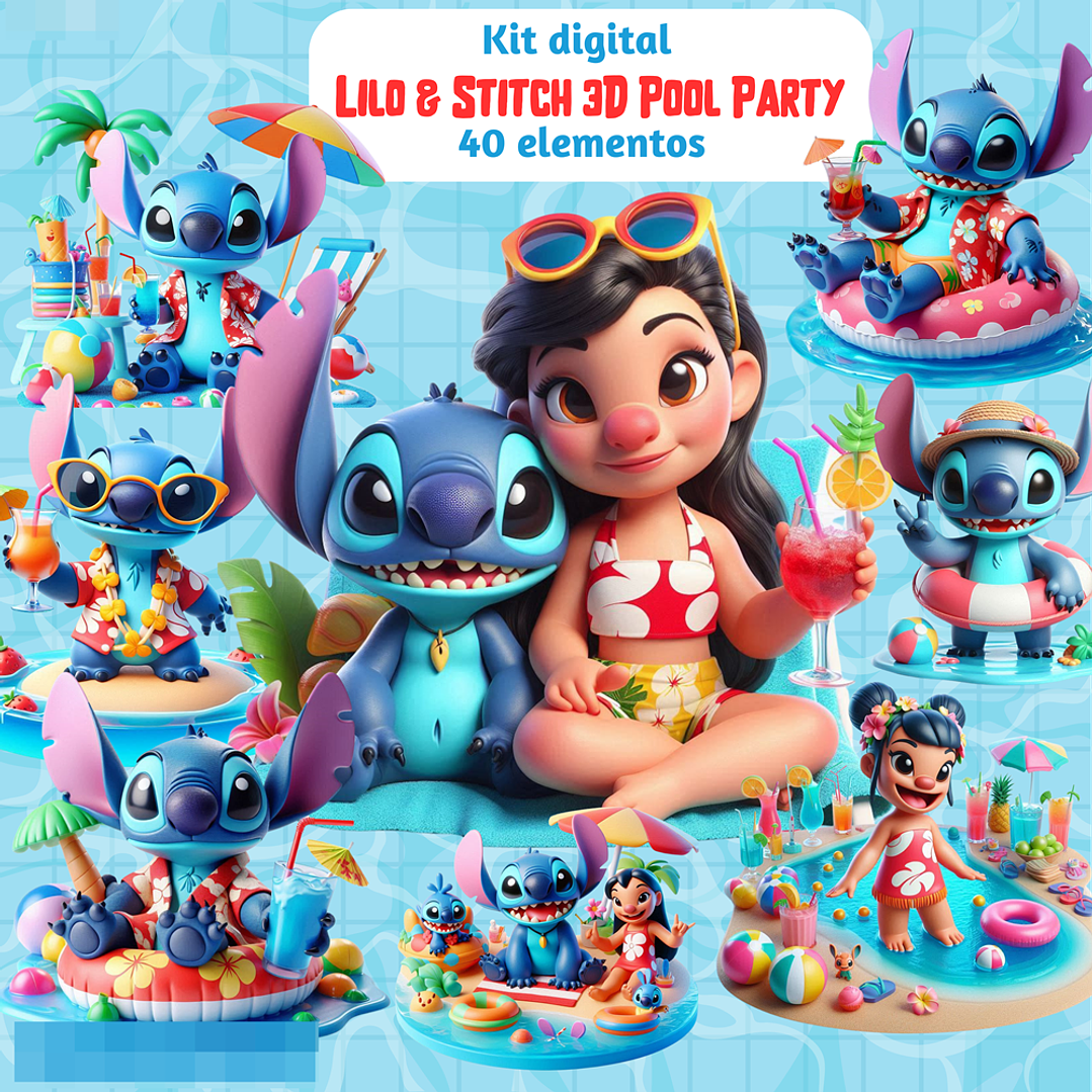Kit Digital Lilo e Stitch Pool Party 3D Arquivos em Png  1
