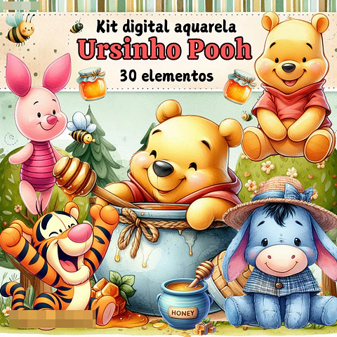 Kit Digital Ursinho Pooh Aquarela Arquivos em Png