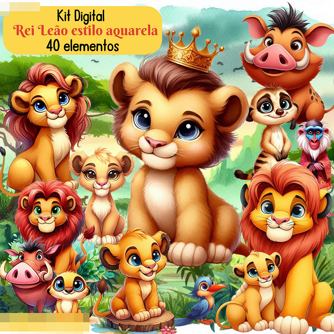 Kit Digital Rei Leão Aquarela Arquivos em Png 1