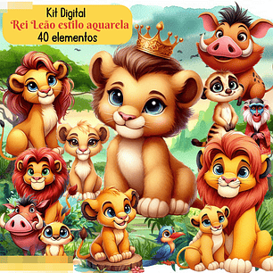 Kit Digital Rei Leão Aquarela Arquivos em Png
