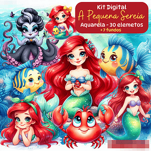Kit Digital A Pequena Sereia Aquarela Arquivos em Png