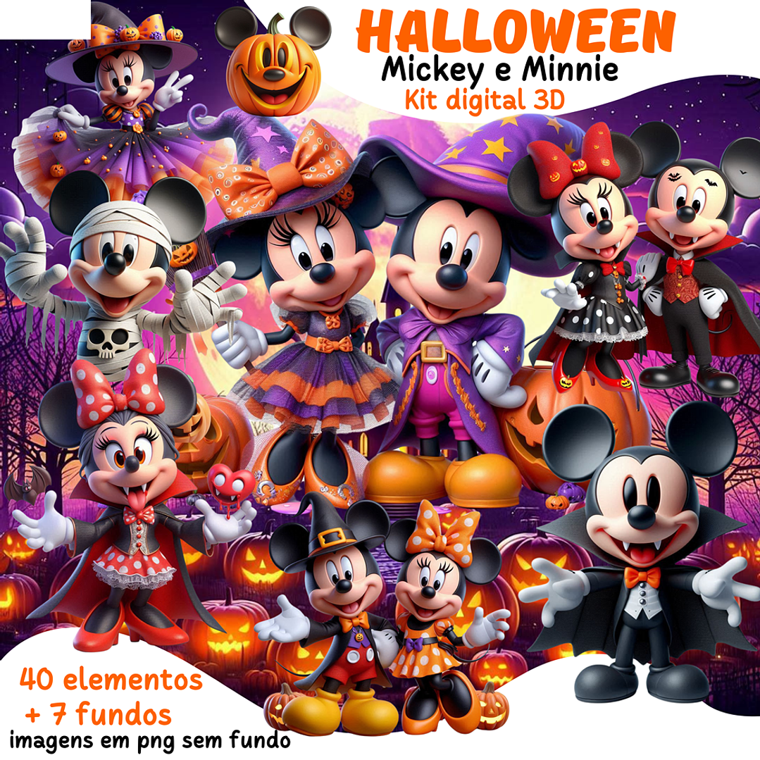 Kit Digital Halloween Mickey e Minnie 3D Arquivos em Png 1