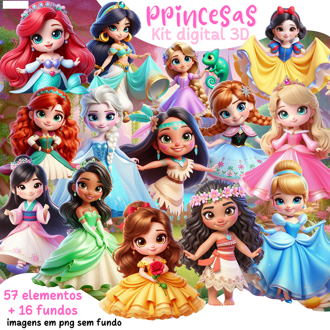 Kit Digital Princesas disney 3D Arquivos em Png 1