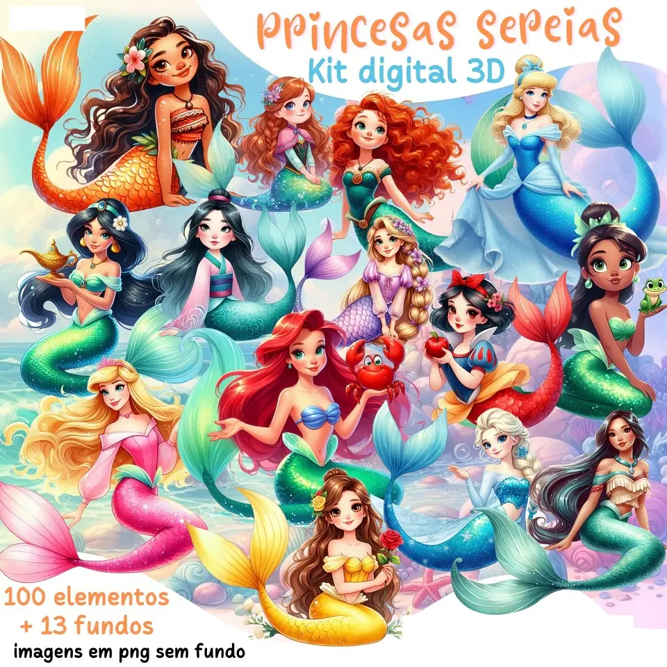 Kit Digital Princesas Sereias aquarela Arquivos em Png 1