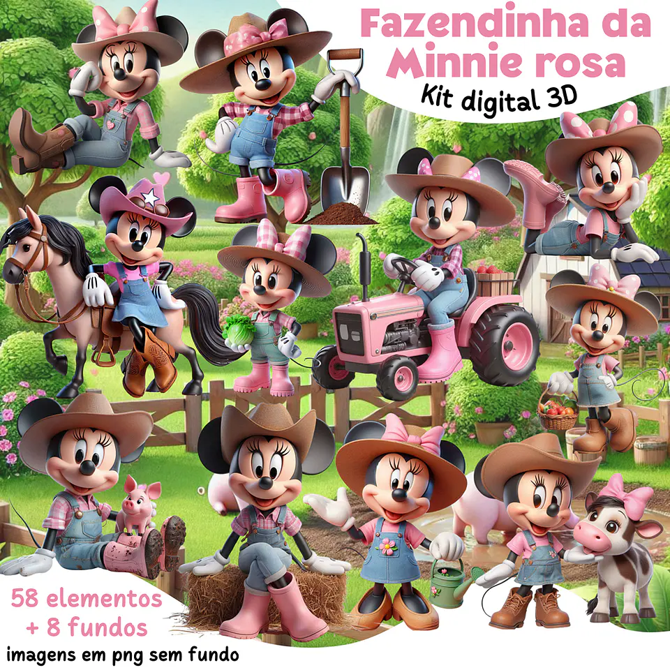 Kit Digital Fazendinha da Minnie rosa Arquivos em Png 1