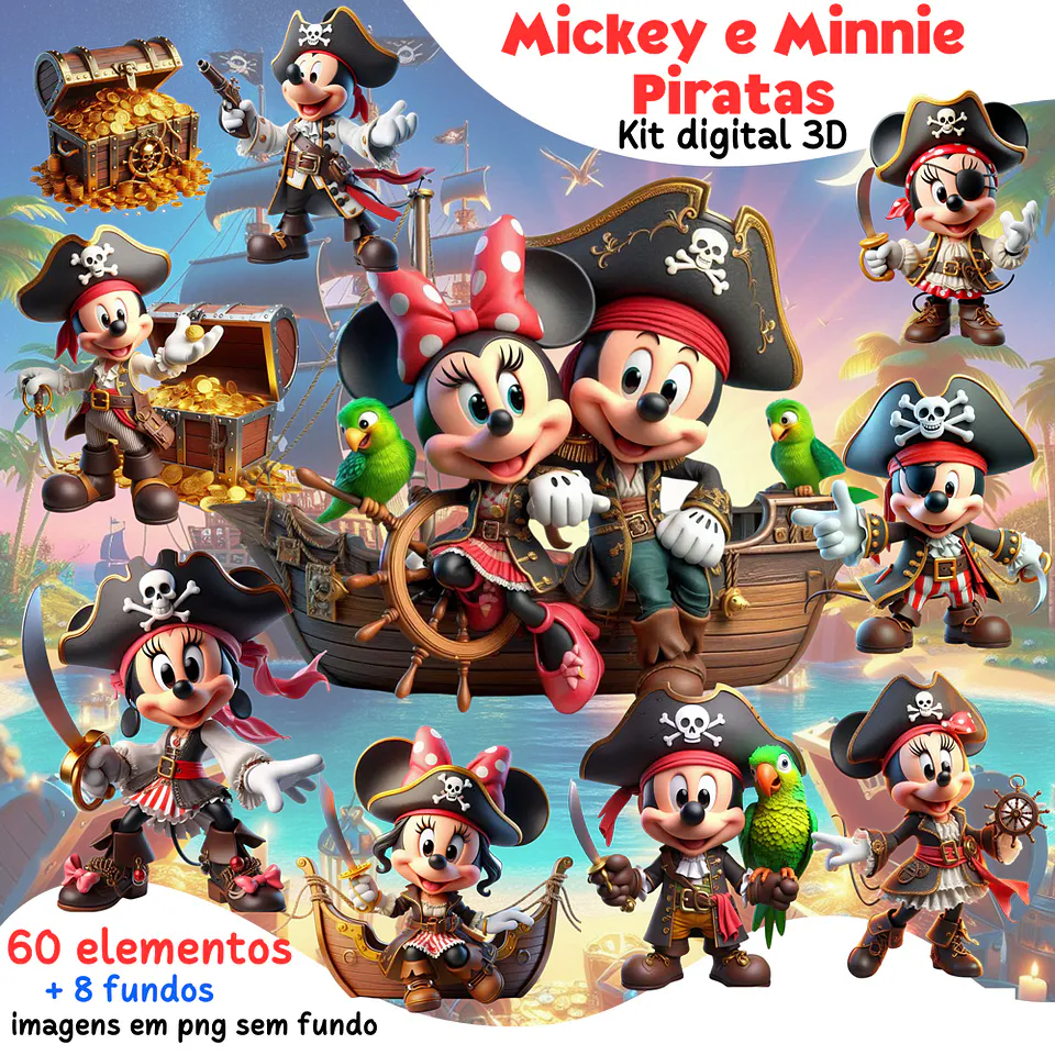 Kit Digital Mickey e Minnie Piratas Arquivos em Png 1