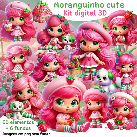 Kit Digital Moranguinho Cute 3D Arquivos em Png