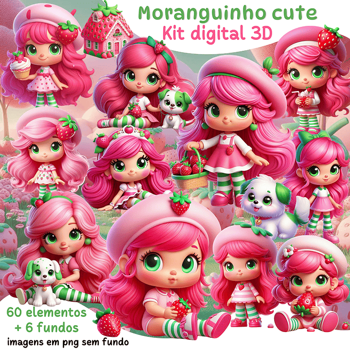 Kit Digital Moranguinho Cute 3D Arquivos em Png 1