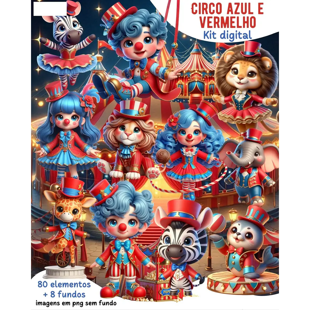 Kit Digital Circo Azul e Vermelho 3D Arquivos em Png 1
