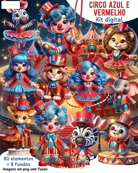 Kit Digital Circo Azul e Vermelho 3D Arquivos em Png