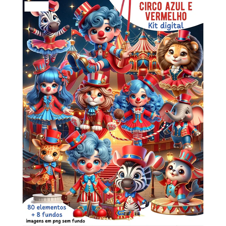 Kit Digital Circo Azul e Vermelho 3D Arquivos em Png 1