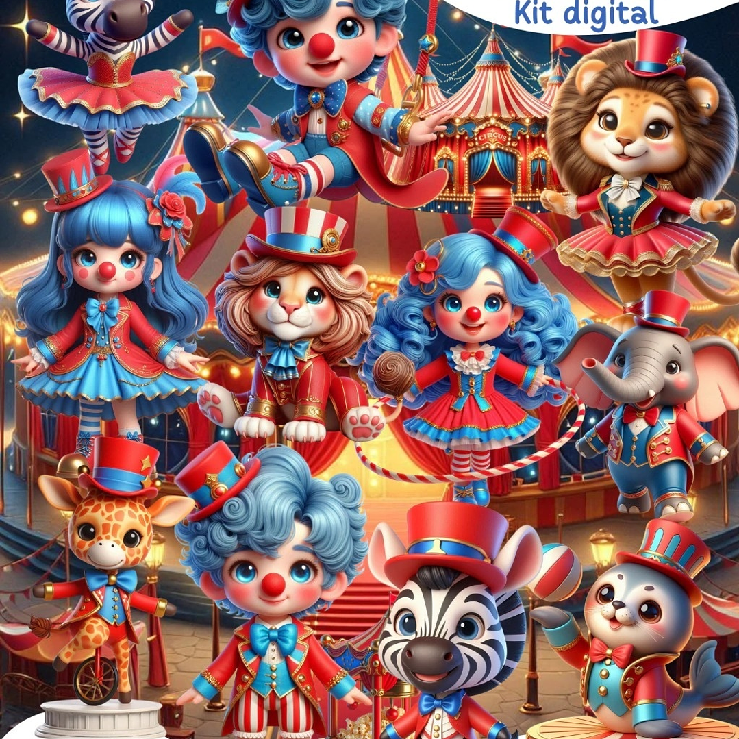 Kit Digital Circo Azul e Vermelho 3D Arquivos em Png 1