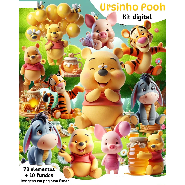 Kit Digital Ursinho Pooh 3D Arquivos em Png 1