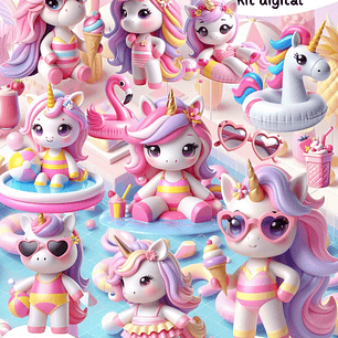 Kit Digital Unicórnio Pool Party Arquivos em Png