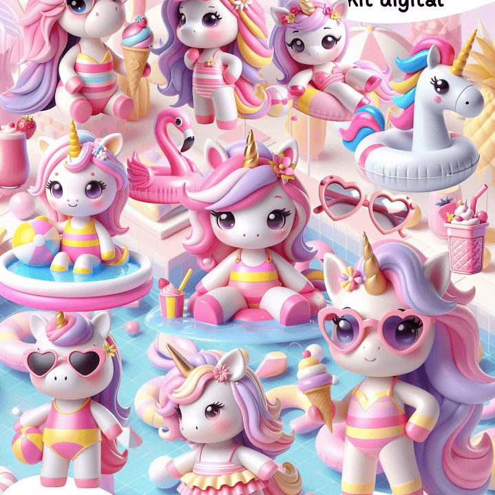 Kit Digital Unicórnio Pool Party Arquivos em Png 1