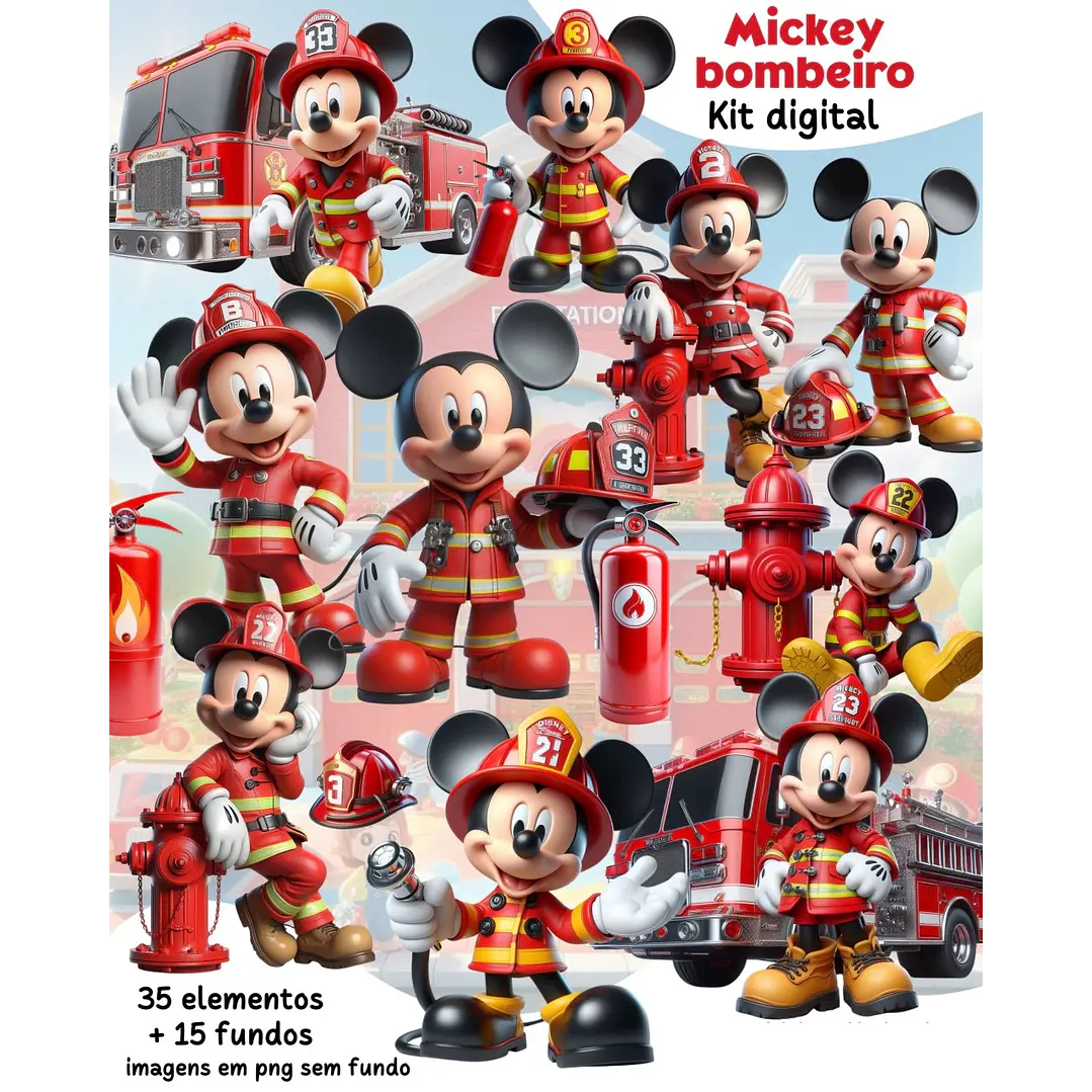 Kit Digital Mickey Bombeiro Arquivos em Png 1