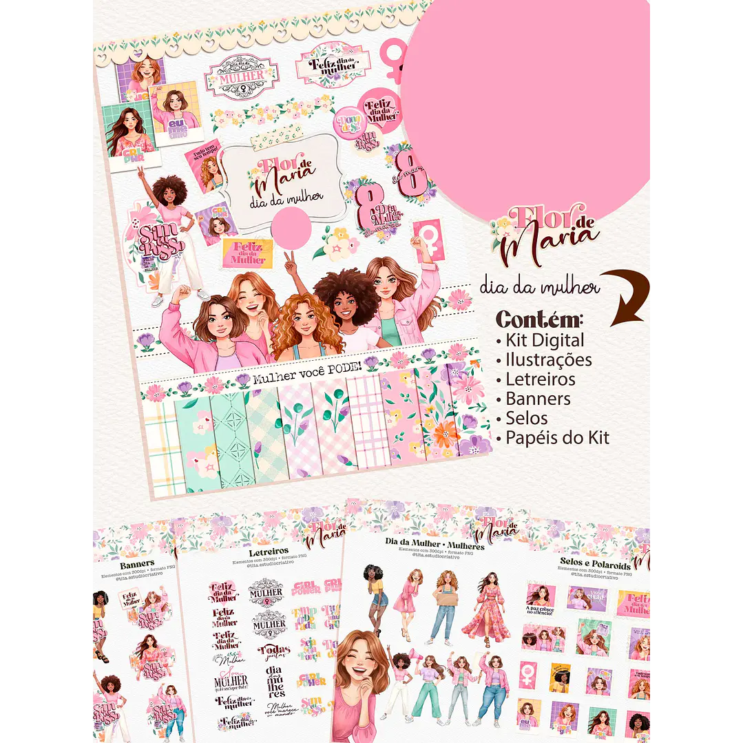 Kit Digital Flor de Maria Dia das Mulheres Arquivos em Png 1