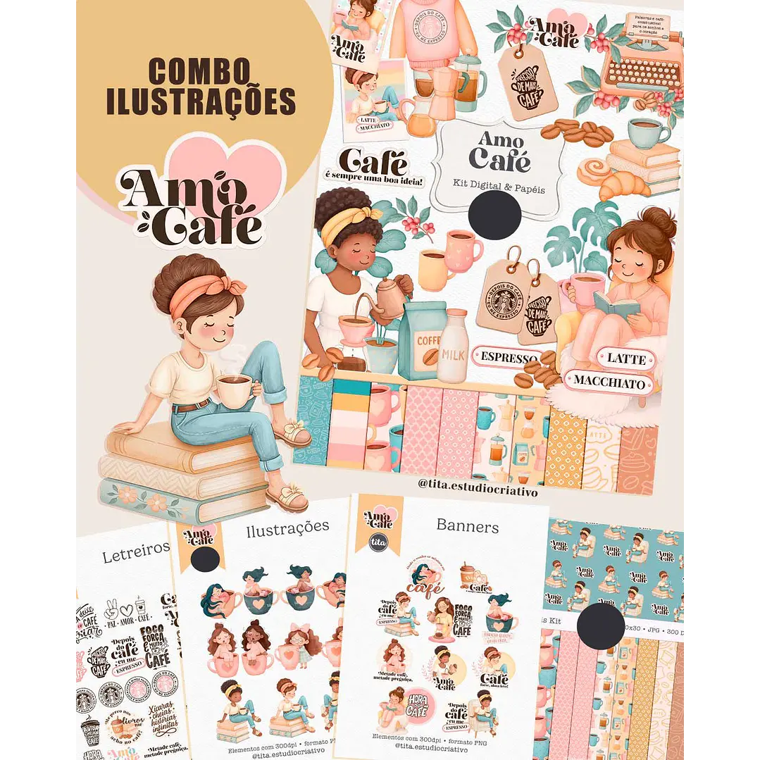 Kit Digital Amo Café Aquarelado Arquivos em Png  1