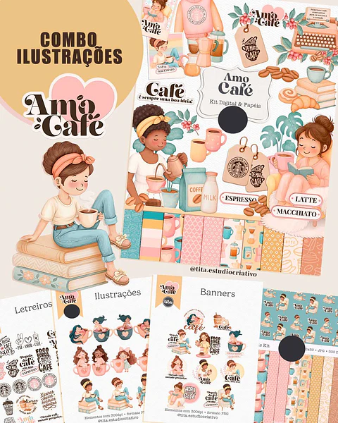 Kit Digital Amo Café Aquarelado Arquivos em Png 