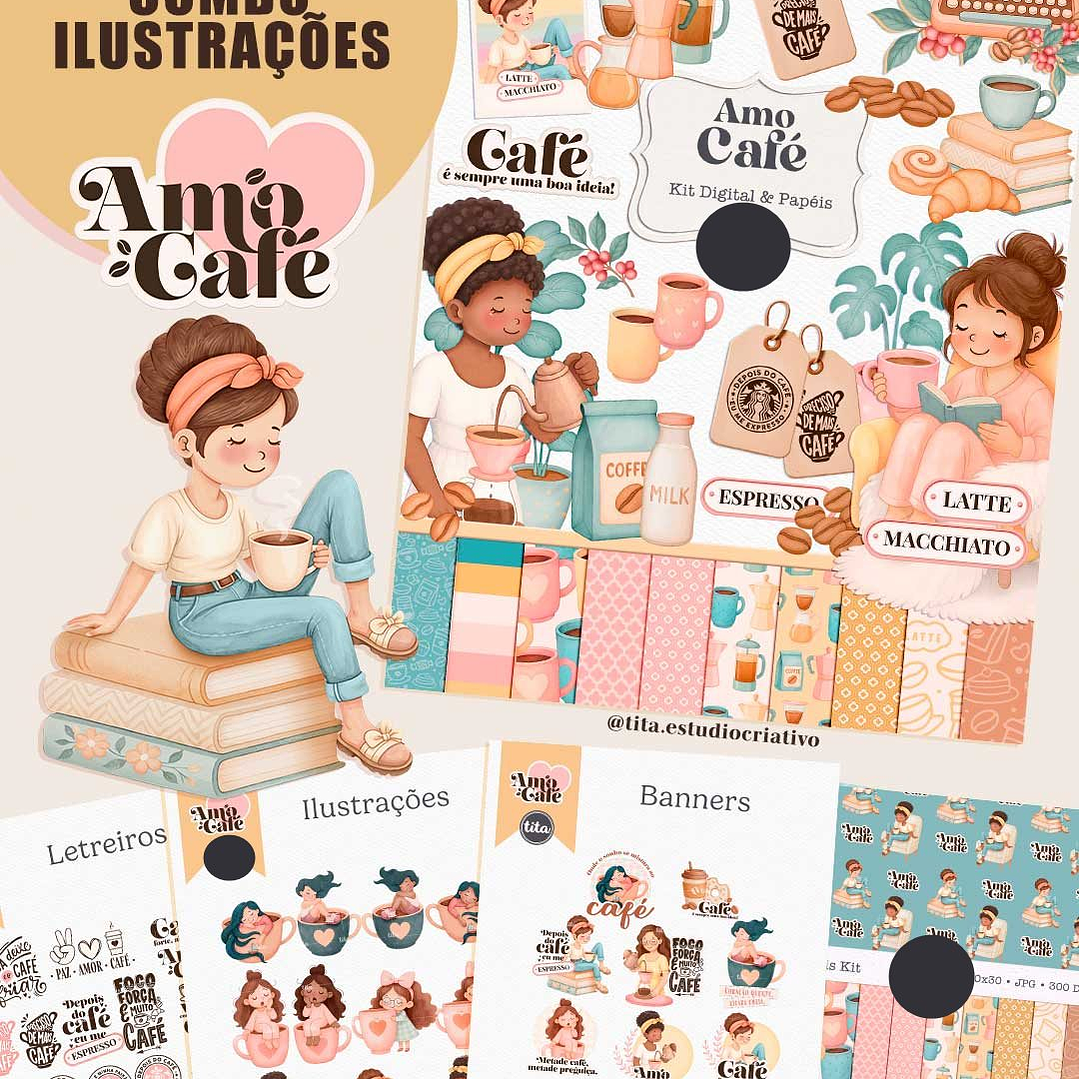 Kit Digital Amo Café Aquarelado Arquivos em Png  1